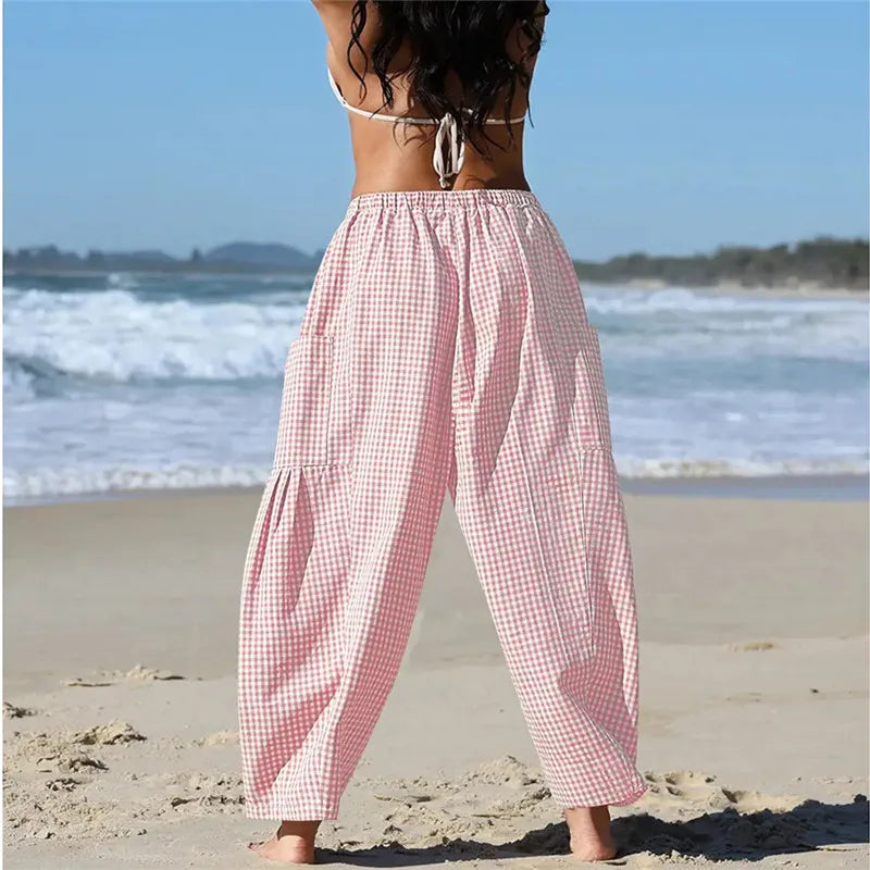Women's Gingham Striped Wide Leg Trousers with Elastic Waist and Pockets - Casual Summer Streetwear