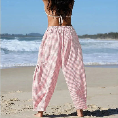 Women's Gingham Striped Wide Leg Trousers with Elastic Waist and Pockets - Casual Summer Streetwear
