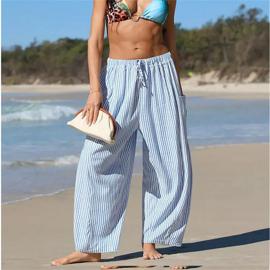 Women's Gingham Striped Wide Leg Trousers with Elastic Waist and Pockets - Casual Summer Streetwear