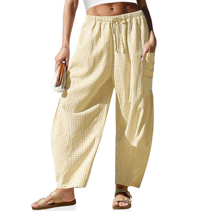 Women's Gingham Striped Wide Leg Trousers with Elastic Waist and Pockets - Casual Summer Streetwear
