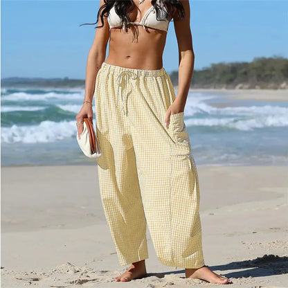 Women's Gingham Striped Wide Leg Trousers with Elastic Waist and Pockets - Casual Summer Streetwear