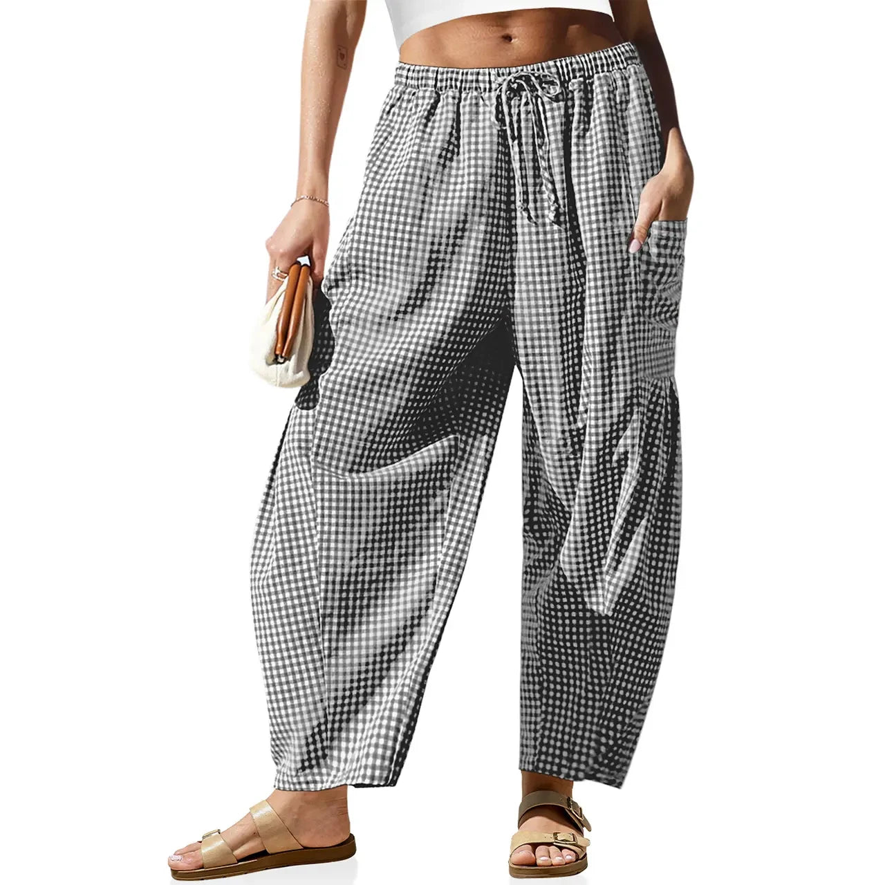 Women's Gingham Striped Wide Leg Trousers with Elastic Waist and Pockets - Casual Summer Streetwear