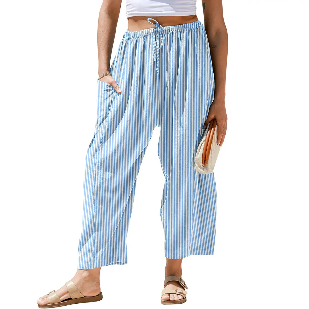 Women's Gingham Striped Wide Leg Trousers with Elastic Waist and Pockets - Casual Summer Streetwear