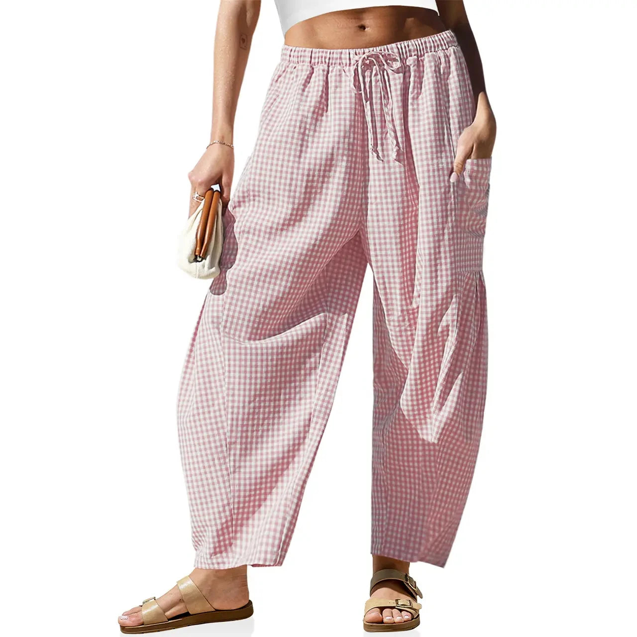 Women's Gingham Striped Wide Leg Trousers with Elastic Waist and Pockets - Casual Summer Streetwear