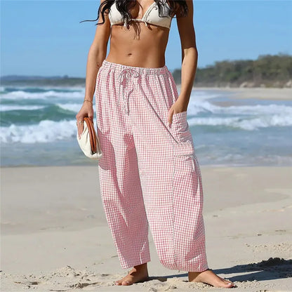 Women's Gingham Striped Wide Leg Trousers with Elastic Waist and Pockets - Casual Summer Streetwear