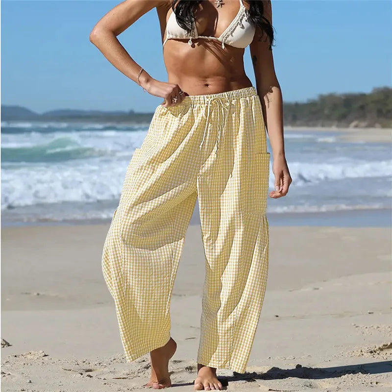 Women's Gingham Striped Wide Leg Trousers with Elastic Waist and Pockets - Casual Summer Streetwear